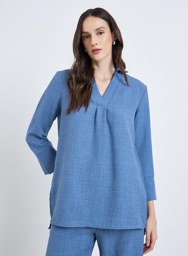 Styli Women Blue Longline Shirt with 3/4 Sleeve - Image 2